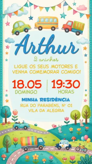 Convite de Aniversário Infantil Carros Aquarela para Editar