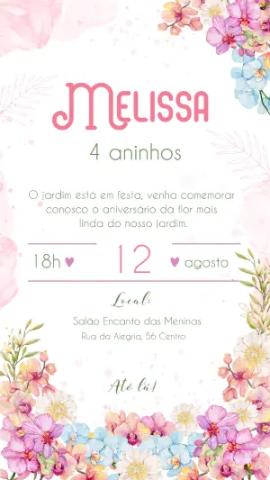 Convite de Aniversário Jardim das Flores Aquarela Editável