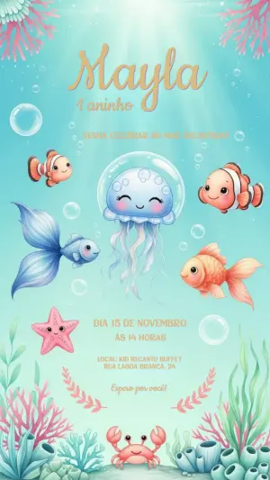 Convite de Aniversário Fundo do Mar com Animais para Editar
