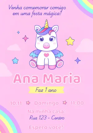 Convite de Aniversário Unicórnio Fofo para Editar Online