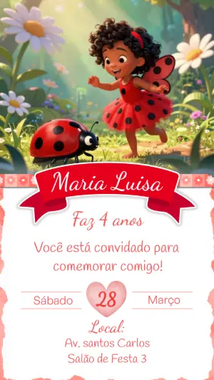Convite de Aniversário Joaninha 3D Fofa para Editar