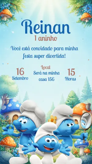 Convite de Aniversário Os Smurfs Editável para Festa Infantil