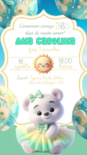 Convite Aniversário 1 Ano Ursinha Fofa para Editar Online