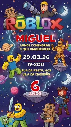 Convite Digital Roblox Aventura Espacial Editável