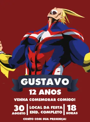 Convite All Might My Hero Academia  para Aniversário - Modelo Editável