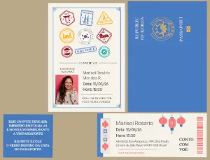 Convite Criativo Viagem com foto Passaporte para Editar e Imprimir