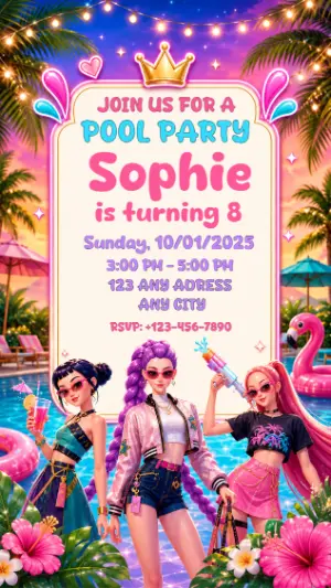 K-Pop Demon Hunter Pool Party Birthday Invitation Editable Template