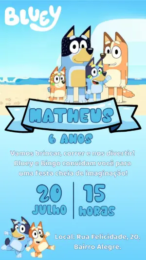 Convite de Aniversário Bluey e Bingo para Editar Online