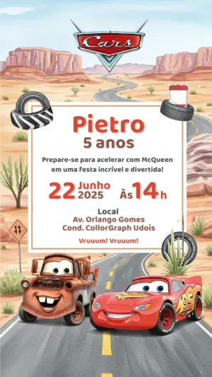 Convite de Aniversário Carros com McQueen para Editar Online