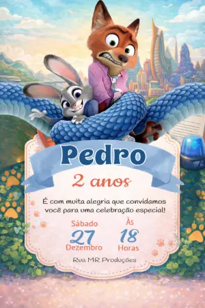 Convite de Aniversário Zootopia Infantil para Editar