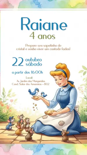 Convite de Aniversário Cinderela para Editar Online