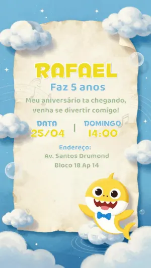 Convite de Aniversário Baby Shark Fofo para Editar