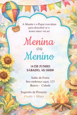 Convite Editável Chá Revelação Festa Junina Aquarela