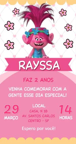 Convite de Aniversário Trolls Poppy Rosa para Editar Online