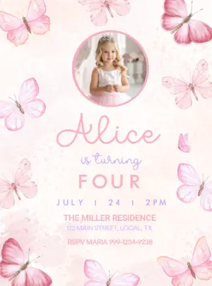 Editable Butterfly Birthday Invitation with Photo for Girls