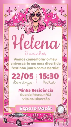 Convite de Aniversário Barbie Rosa e Dourado Editável