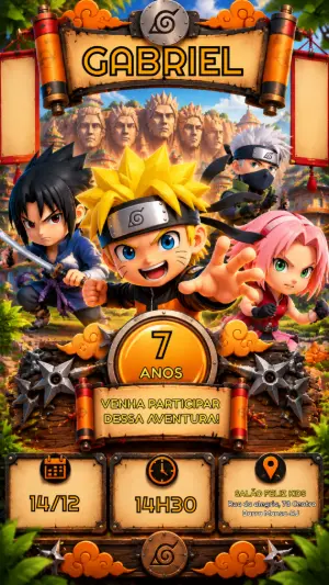 Convite de Aniversário Naruto Editável: Aventura Ninja Chibi