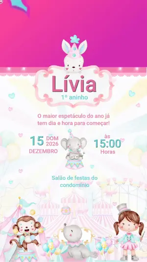 Convite Animado Aniversário Circo Rosa Candy Color para Editar