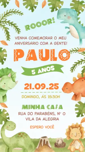 Invitación de cumpleaños Dinosaurio – Estático – Festôu Convites