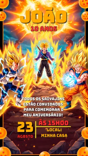 Convite de Aniversário Dragon Ball Z: Modelo Editável de Ação