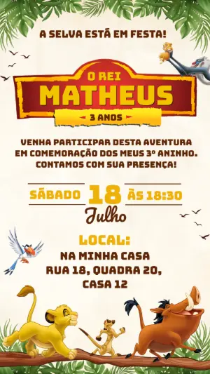 Convite de Aniversário Infantil Rei Leão para Editar Online