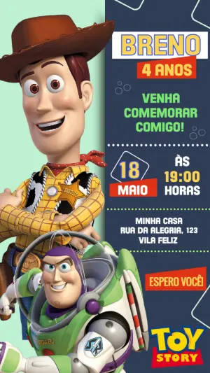 Convite de Aniversário Toy Story com Woody e Buzz para Editar