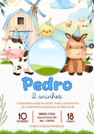 Convite Digital Fazendinha Aquarela para Aniversário Infantil
