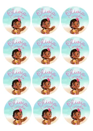 Adesivo Redondo Aniversário Moana Baby para Editar Online