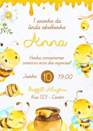 Convite de Aniversário Abelhinha Fofa Aquarela Editável