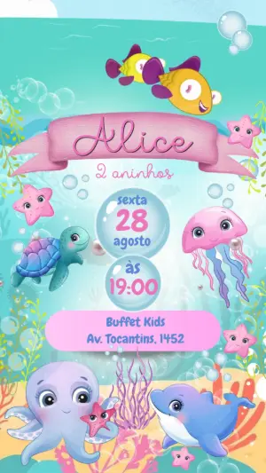 Convite Animado Aniversário Fundo do Mar para Editar Online