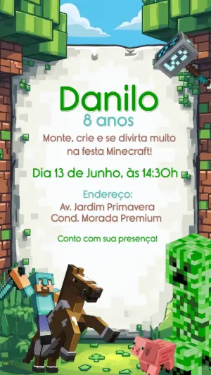 Convite de Aniversário Minecraft com Personagens para Editar