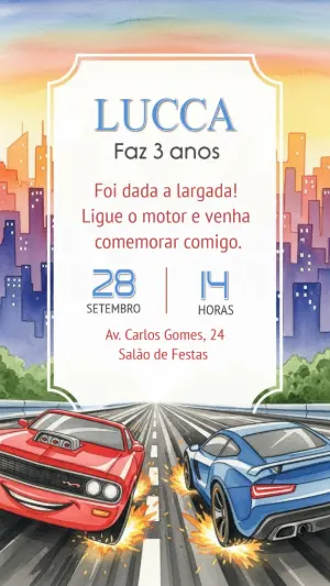 Convite de Aniversário Infantil Carros de Corrida para Editar
