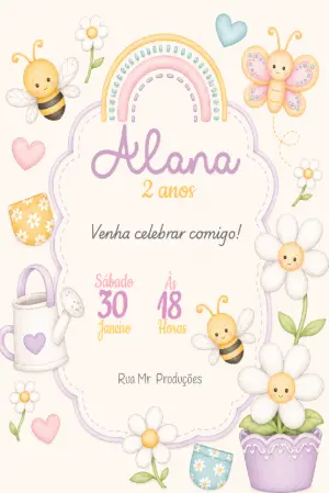 Convite Aniversário Jardim Encantado Abelhinha Modelo Editável