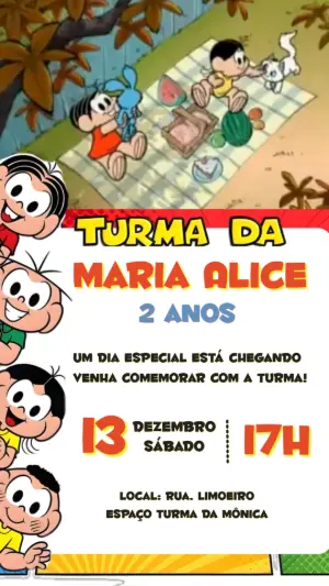 Convite animado Turma da Mônica para Aniversário Infantil Editável