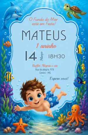 Convite de Aniversário Fundo do Mar Menino Editável