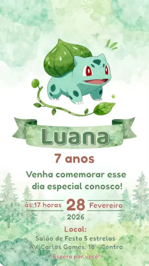 Convite de Aniversário Pokémon Bulbasaur Aquarela para Editar