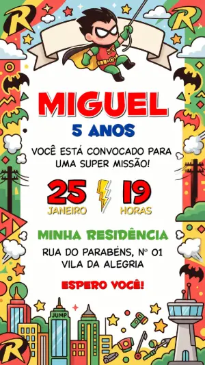 Convite de Aniversário Robin Super-Herói para Editar Online