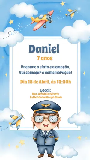 Convite de Aniversário Piloto de Avião para Editar Online