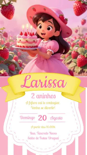 Convite de Aniversário Moranguinho Rosa | Modelo Digital Editável