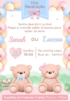 Convite Chá Revelação Ursinhos Fofos Editável