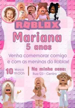 Convite de Aniversário Roblox Menina com Foto para Editar