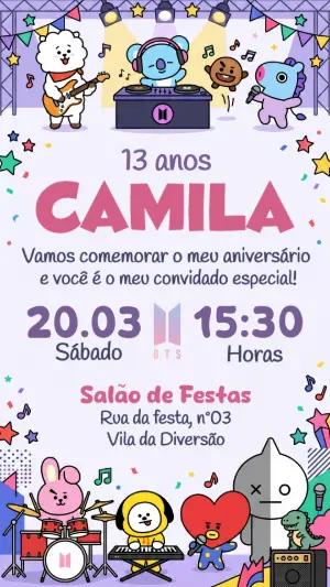 Convite de Aniversário BT21 Fofo e Colorido para Editar