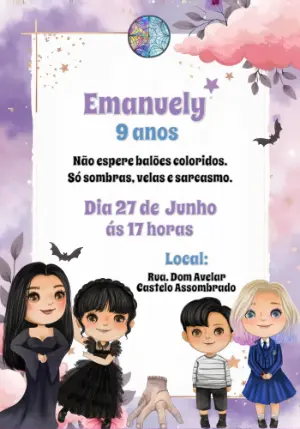 Convite Aniversário Wandinha Addams com Personagens para Editar