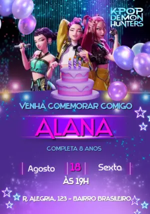 Convite Animado Aniversário K-Pop Demon Hunters Roxo para Editar
