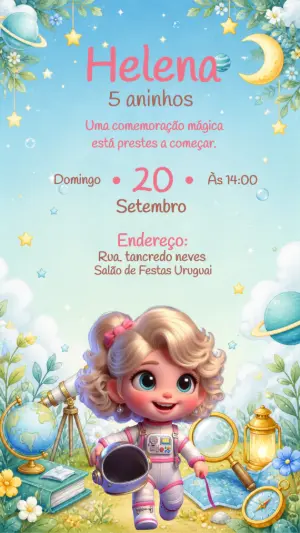 Convite Aniversário Astronauta Menina Editável