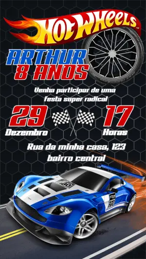 Convite de Aniversário Hot Wheels com Carros para Editar Online