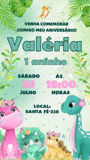 Convite Digital Editável Aniversário Dinossauros Menina