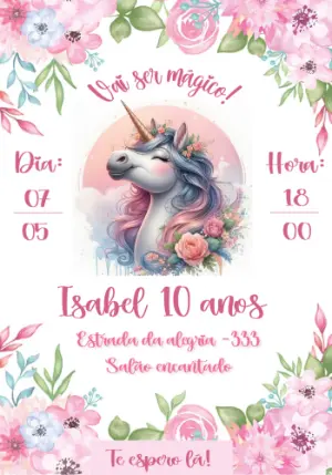 Convite de Aniversário Unicórnio Mágico para Editar Online