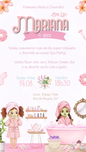 Convite de Aniversário Spa Day Rosa Editável para Meninas