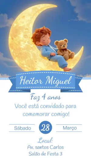 Convite Digital Aniversário Infantil Menino na Lua Editável